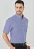 A short-sleeve button-up shirt in a blue and white checkered pattern, featuring a collar and a branded logo.