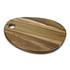 A wooden serving board in natural tones, featuring a rounded edge and a small hole for easy handling.