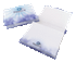A notepad with a hard cover featuring a blue and white design, open to display blank pages inside.