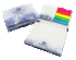 A notebook with a hard cover, featuring 100 leaves and brightly coloured film markers in pink, green, blue, and yellow.