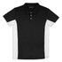 A black and white men's polo shirt with a collar and buttons, featuring a logo on the chest.
