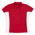 A red women's polo shirt with white side panels and a collar, featuring a branding logo.