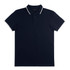 A navy polo shirt featuring a contrasting collar and a placket with buttons. It has a logo on the chest.