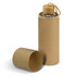 A drink bottle with a natural wooden lid, displayed in a brown cardboard tube. The bottle has a sleek, clear design.