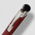 A red metal pen with a shiny silver clip and a black top. The image includes a logo on the pen.