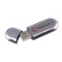 A silver and black USB flash drive with a cap, featuring a logo on the side.