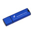A blue flash drive with a logo, featuring a sleek design and a black end cap.