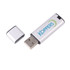 A silver flash drive with a removable cap, featuring a logo.