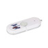A white flash drive with a silver edge, featuring a logo and a circular button on its surface.