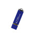 A blue flash drive with a silver cap and a logo on the side. Ideal for storage and transfer of data.