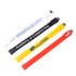 A set of four rectangular silicone wristband flash drives in white, black, yellow, and red, each with a logo.