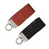 A sleek leather flash drive in brown and black, featuring a metal clasp and an attached ring for easy carrying.