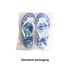 Rubber platform thongs featuring a floral pattern in shades of blue and white, packaged in clear plastic.