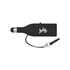 A black stylus flash drive shaped like a drink bottle, featuring a logo and attached lanyard.