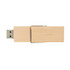 A wooden flash drive in a natural finish with a metal clip attached, featuring a USB connector on one end.