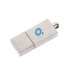 A metallic silver flash drive with a logo on its surface, featuring a sleek design.