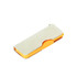A silver and orange alloy flash drive with a swivel design and logo.