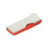 A metallic silver and red alloy flash drive with a swivel design and a small loop for attachment.