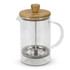 A coffee plunger with a clear glass body, metal filter, and a wooden lid. Ideal for brewing beverages.