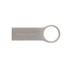 A grey USB flash drive featuring a round loop and branding on its surface.