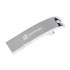 A drink bottle opener and flash drive in a sleek silver metal design, featuring a logo on its surface.