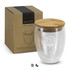 A glass cup with a bamboo lid, featuring a sleek design, packaged in a brown box. The cup is clear, highlighting its contents.