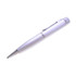A silver pen with a sleek design, featuring a clip and a metallic finish, includes a logo.