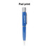A blue metal pen with a silver clip and tip, featuring a logo on the barrel.