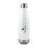 A drink bottle in white stainless steel with a silver base and a logo.
