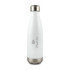 A drink bottle in white stainless steel with a silver cap and a logo displayed on the side.