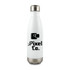 A drink bottle in white stainless steel with a metal cap and a logo on the front.