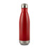 A drink bottle in vibrant red with a stainless steel base and a metallic cap. It features a logo on the side.