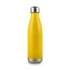 A drink bottle in bright yellow with a stainless steel base and neck. It features a logo.