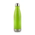 A drink bottle in bright green with a stainless steel base and top, featuring a logo.