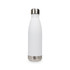 A drink bottle in a sleek white finish with a stainless steel base and lid, featuring a logo.