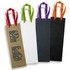 A set of four tall paper bags in brown, white, black, and purple, with ribbon handles in green, purple, and orange.