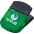 A green jumbo magnetic memo holder with a black clip and a logo on the front.