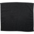 A black gym towel with a textured surface and a bordered edge. It features a small logo in one corner.