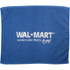 A blue gym towel with a logo and textured fabric, ideal for leisure and outdoor activities.