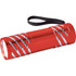 A red flashlight with a textured pattern and a black wrist strap, featuring a silver logo on the side.