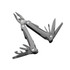 A black multi-tool with pliers, blades, and various attachments. It features a logo on its handle.