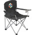 An oversized folding chair in black with a logo on the back and cup holders on each armrest.