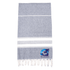 A 100% cotton Turkish towel in grey with white stripes and tassels, featuring a logo.