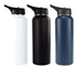 A drink bottle set featuring three colours: white, black, and navy blue, each with a flip-top lid and branded logo.