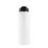 A drink bottle in white with a black lid, featuring a minimalist design and a logo on the body.