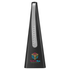 A black, triangular insect repellent fan featuring a silver accent and a multicoloured logo.