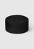 A black flat top hat with a mesh design, featuring a rounded shape and a branded logo.