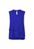 A sleeveless layered blouse in a vibrant blue colour with a keyhole neckline and a curved hem. It features a logo.