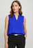 A sleeveless, cobalt blue layered blouse with a v-neck design, paired with tailored black trousers.