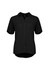 A black short sleeve blouse with a collar and buttons, featuring a subtle logo on the label.